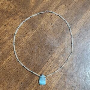 Blue Carved Glass Turtle Pendant Necklace 925 Clasp Frosted Tube Beads Sea Life